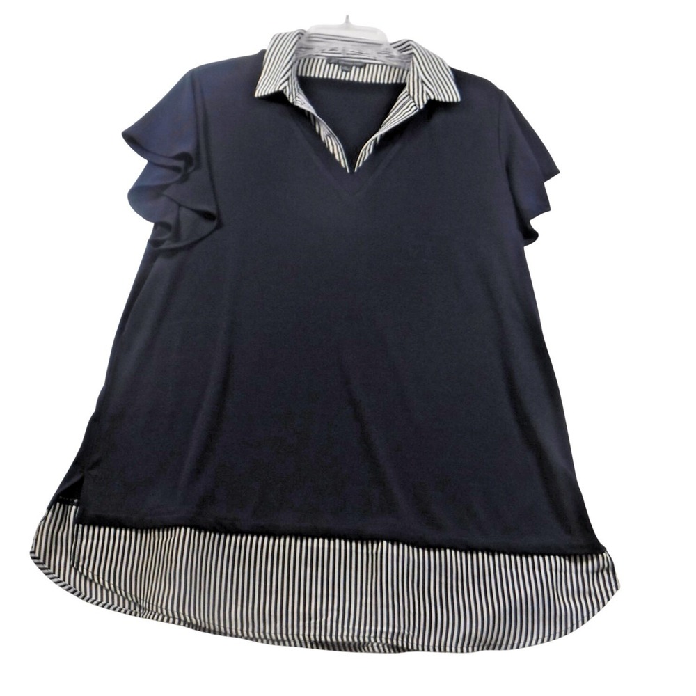 Adrianna Papell Layered Look Navy Blouse Top XL Nautical Contemporary Office